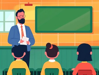 Poster - of a teacher standing in front of students in a classroom setting with a chalkboard behind them  The teacher is lecturing while the students are seated at their desks engaged in the lesson