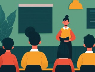 Poster - of a teacher standing at the front of a classroom delivering a lecture to a group of students seated at desks  The scene depicts a flat design with a chalkboard or blackboard