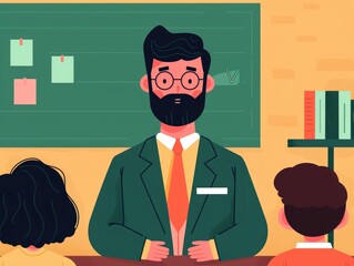 Poster - depicting a flat design of a teacher standing in front of a classroom  guiding and instructing students in an educational  academic  or learning environment