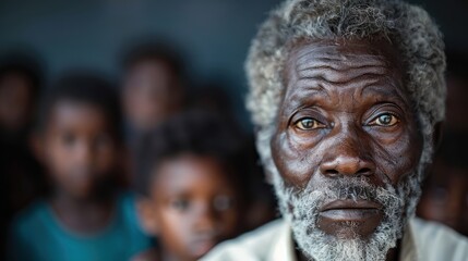 A detailed portrait of an elderly person with white hair and the children in the background being out of focus suggesting generational bonding and wisdom.