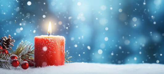 Wall Mural - Merry Christmas celebration holiday background banner greeting card  - Red candle, baubles, balls, ornaments and pine branch on snow, with blue snowy defocused snowflakes sky background