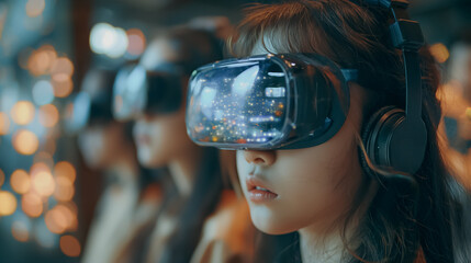 Aufkleber - A woman wearing a virtual reality headset is looking at a screen. The scene is set in a dark room with a few other people in the background. Scene is futuristic and exciting