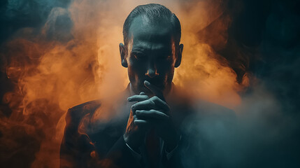 Poster - A man is smoking a cigarette in a dark room with smoke surrounding him. The man is wearing a suit and tie, and the smoke is orange and yellow. Scene is dark and mysterious