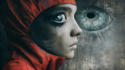 Poster - A girl with a red hoodie on and a blue eye