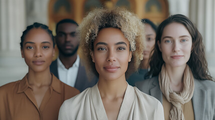 Poster - A group of people are standing together, one of them is wearing a scarf. Concept of unity and togetherness among the group