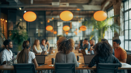 Poster - A group of people are sitting around a table in a conference room. The room is well lit and has a modern design. The people are engaged in conversation and seem to be working together