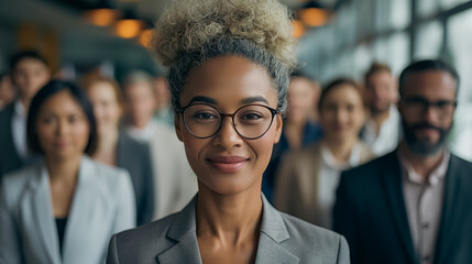 Poster - A woman with glasses is smiling and standing in front of a group of people. Concept of professionalism and confidence, as the woman is dressed in a suit and he is a businesswoman