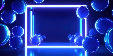 Wall Mural - Futuristic vibrant abstract neon blue glowing bubbles and geometric shapes creating a dynamic and luminous digital design
