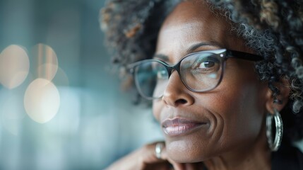 A close-up shot of a person with curly hair and wearing glasses. The background is blurred, highlighting the person's eyewear and ringed earring, capturing a thoughtful moment.