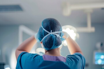 Sticker - Female surgeon tying surgical mask in operation theater at hospital Rear view of a female surgeon tying surgical mask in operation theater at hospital. Woman medical professional getting ready for the