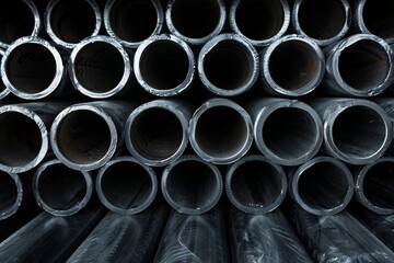 Warehouse of metal pipes. Metal pipe mounds on a shelf on top of each other.