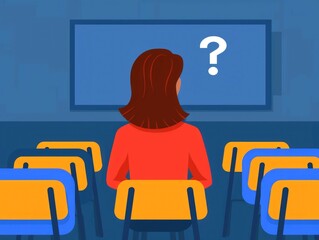 Poster - Flat of a Student Sitting in a Classroom and Raising Their Hand to Ask a Question During a Lecture or Lesson