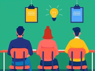 Poster - Flat design depicting the concept of idea exchange and collaborative learning in a classroom environment with students and a teacher engaged in a brainstorming or discussion session