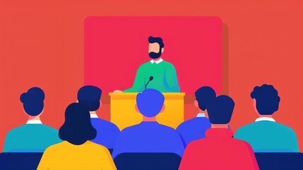 Poster - Flat design of an educational seminar or conference with a speaker presenting on a podium in front of an audience of students or attendees  The image depicts a group setting for learning teaching