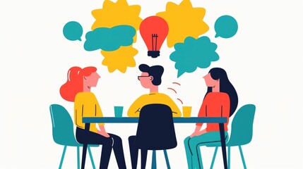 Poster - Pastel Colored Flat Design of a Collaborative Brainstorming Session in an Office or Co Working Space Featuring a Team Discussing and Sharing Ideas with a Lightbulb as a Symbol of