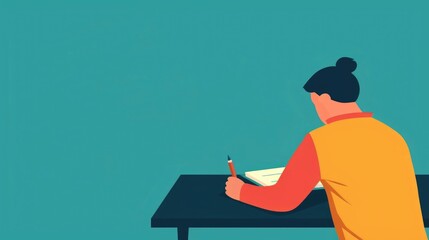 Poster - of a student sitting at a desk focused on writing an exam or test paper in a classroom setting  Flat design concept depicting academic studies education learning and knowledge acquisition