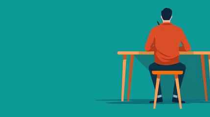 Poster - Flat Design of a Student Focused on Writing an Exam or Test in a Classroom Setting at a Desk or Table  Educational Academic or School Concept