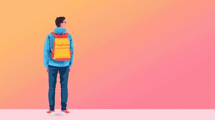 Poster - Stylized depicting a student carrying a backpack in a modern minimalist aesthetic with pastel color tones  The image represents the concept of education learning and academic achievement