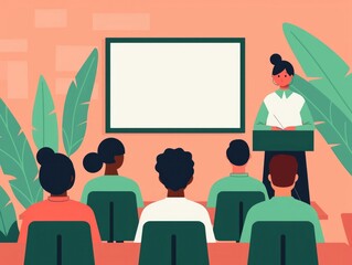 Poster - Flat design of a math or science classroom setting with students seated at desks and a teacher presenting at the front of the room all depicted in pastel color tones