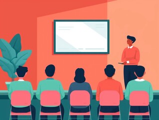 Poster - Flat of a pastel colored math classroom setting with students sitting at desks and a teacher presenting at the front of the room