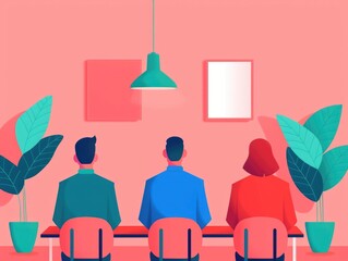 Fototapete - Vibrant and minimalist flat depicting a math class setting with students and a teacher  The image showcases a modern pastel colored workspace with desks chairs and educational elements