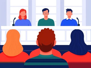 Poster - Flat design depicting a modern lecture hall setting with a group of students  professors  and experts engaged in a presentation  discussion  or collaborative meeting