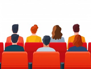 Poster - depicting a flat design of a lecture hall interior with students sitting in chairs ready to attend a presentation or class on a clean white background  The scene showcases an educational academic