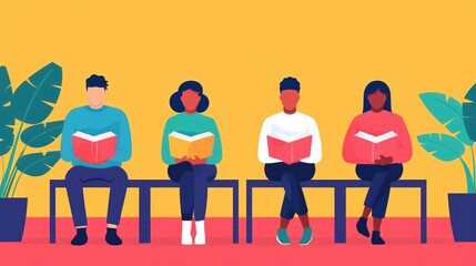 Poster - of a diverse group of students studying together in a modern library setting with books laptops and other learning materials surrounding them