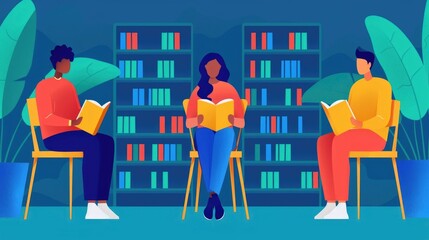 Poster - Studious Students Absorbed in Reading at the Library Shelves Flat Design of a Cozy Study Session with People Exploring Knowledge and Ideas