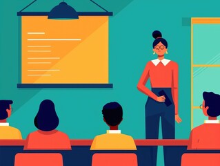 Poster - Flat design depicting a formal classroom setting with a group of students listening attentively to a teacher presenting and discussing ideas on a projection screen or presentation board