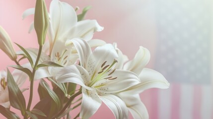 Wall Mural - Serene White Lilies Against Soft Pink Background with Subtle American Flag