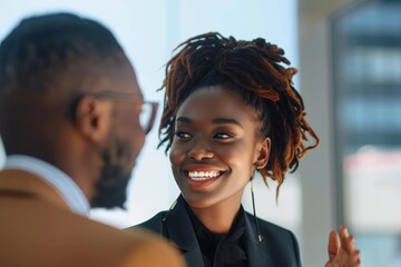 Wall Mural - Portrait of a Beautiful Smiling African American Businesswoman Introducing Herself to an Anonymous Man