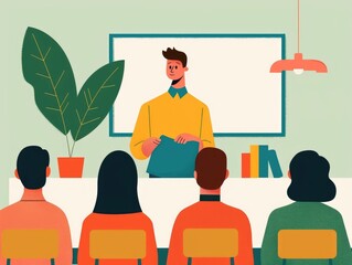 Poster - This depicts a classroom setting with a group of students listening attentively to a teacher leading a discussion  The flat design style showcases the collaborative learning environment