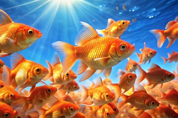 Wall Mural - Vibrant school of orange-gold fish darting together in unison, their shimmering scales catching sunlight, in a serene and transparent blue aquatic environment.