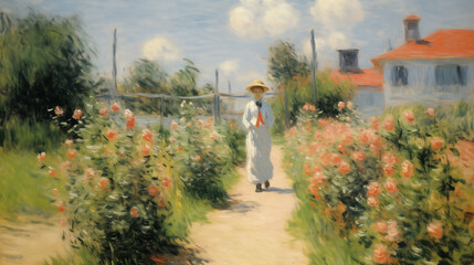 Wall Mural - Impressionist summer landscape with woman walking through flower garden