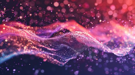 Poster - Vibrant pink and purple waves flow gracefully, illuminated by radiant sparkles against a deep backdrop
