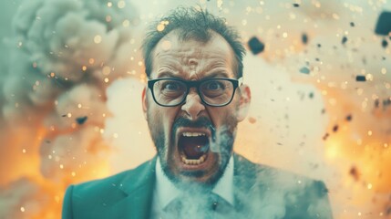 A furious businessman expresses his outrage as explosions erupt around him in a chaotic office environment