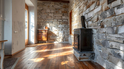 Wall Mural - A rustic stone wall with an old wooden stove and white oak flooring in the hallway of the original building 