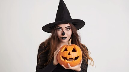 Wall Mural - Woman in Black Dress Holding a Glowing Jack-O'-Lantern Pumpkin