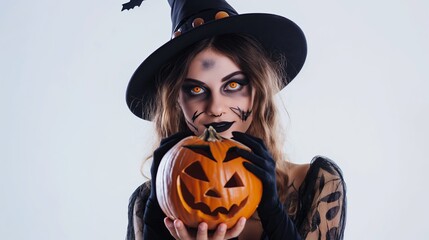 Wall Mural - Woman in Witch Hat Holding Jack-O'-Lantern with Spooky Makeup