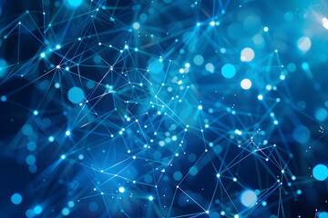 Poster - Abstract blue background with glowing dots and lines forming an array of interconnected connections or networks. The design symbolizes the concept of global connectivity, data transfer technology, soc