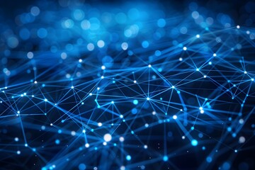 Poster - Abstract blue background with glowing dots and lines forming an array of interconnected connections or networks. The design symbolizes the concept of global connectivity, data transfer technology, soc