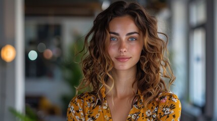 Wall Mural - Radiant Young Woman with Curly Hair and Blue Eyes Portrait