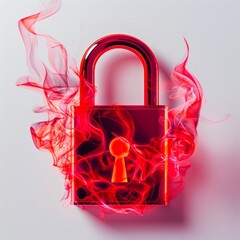 Medium shot of Padlock on fire, isolated on a white background, bright and vivid tonality 