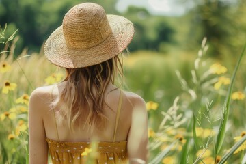 A woman in a light summer dress enjoys a beautiful day, surrounded by vibrant wildflowers in a sunlit field, radiating warmth and joy. Generative AI