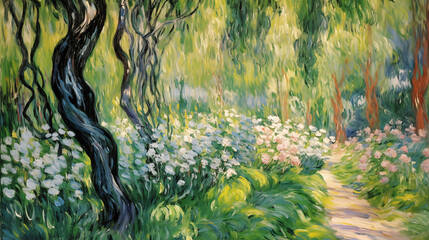 Wall Mural - Impressionist landscape with lush greenery and blossoming flowers in summer