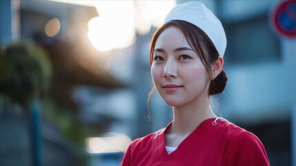 Wall Mural - A woman in a red scrub suit and a white hat