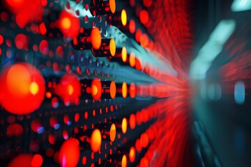 Poster - Abstract macro shot of a LED display with red lights and blurred depth effect, showcasing technology.