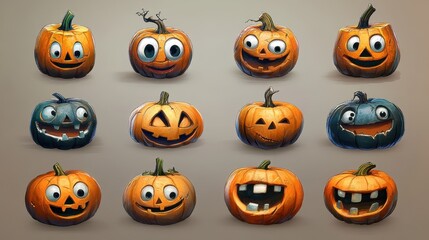 Collection of twelve playful and spooky Halloween pumpkins with various facial expressions on a neutral background.