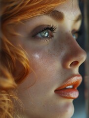 Wall Mural - A close up of a woman with red hair and freckles on her face